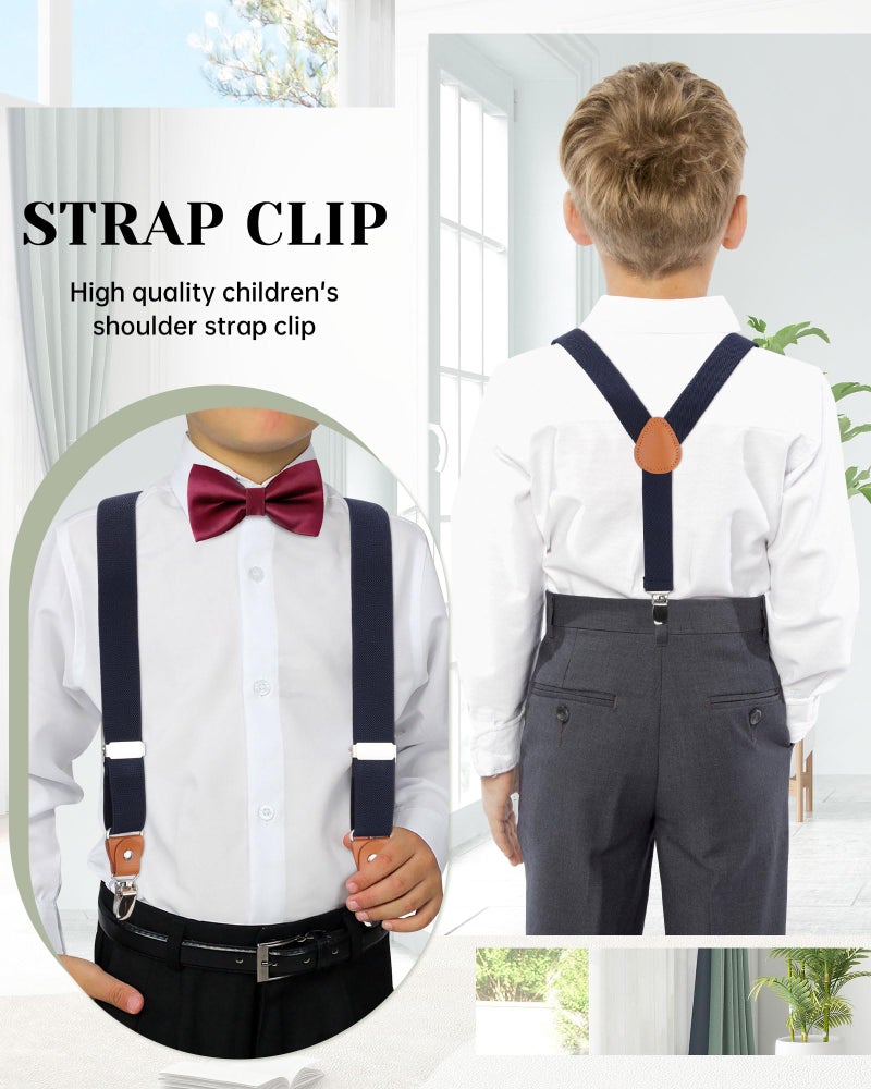 WELROG Child Boys and Girls Adjustable Silk Bowties & Suspender Sets Y Back Metal Clips Genuine Leather Suspenders (Navy + Burgundy bowtie - Image 5